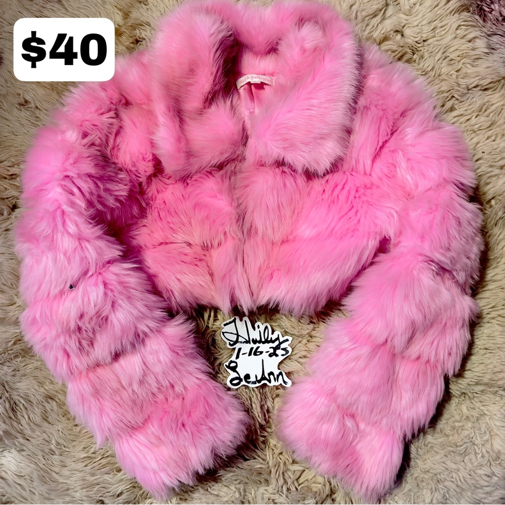 Cropped pink faux fur jacket size extra small